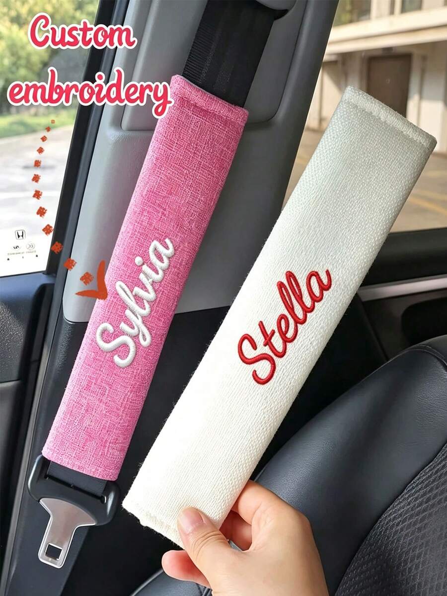 1pc Car Seat Belt Shoulder Pad, Customizable With Your Personalized Name Text Embroidery, For Comfortable Driving, Car Seat Belt Cushion, Vehicle Interior Accessory, Minimalist Design, Durable Material, All-Season Use, Cover - Multicolor - View 1