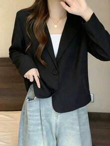 韓系時尚小西裝外套，秋季新款長袖休閒西裝上衣，黑色 - 黑色 - 查看 3