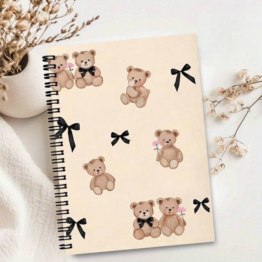 1 Spiral Coil Notebook, Warm Watercolor Teddy Bear & Bow Pattern, Inner Pages, Recommended For Art Lovers, Students And Office Workers - A5 lined - View 1