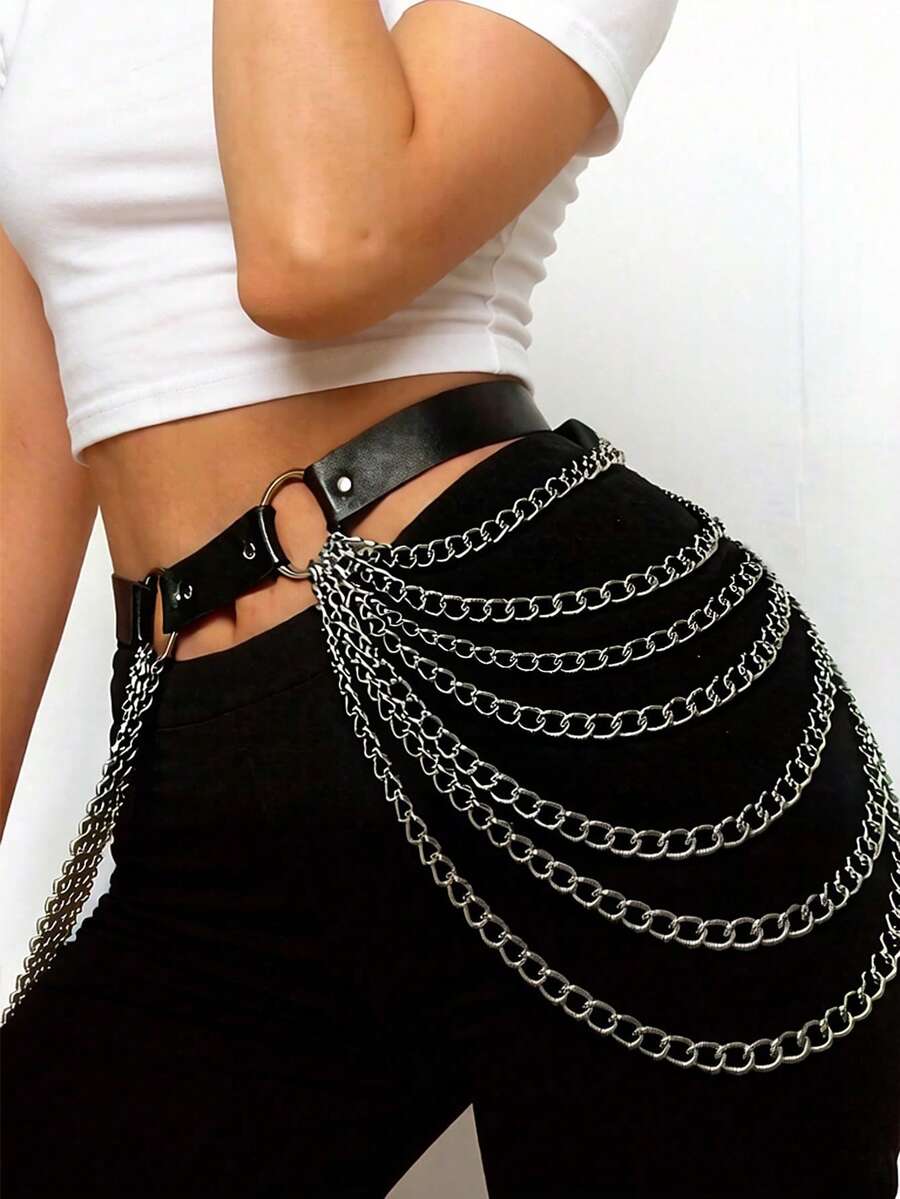 S-XXL Size PU Leather Chain Belt With Double Layer Chain For Punk Style Hip Hop Party, Rivet Adjustable Waist Cincher Accessory For Women - Black - View 1