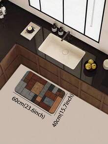1pc Diatomaceous Earth Kitchen Floor Mat With Patchwork Style Geometric Pattern. The Mat Is Composed Of Multi-Colored Squares, Some Solid And Some With Stripes, Arranged In An Alternating Pattern To Create A Rich And Lively Visual Effect. Luxury Fashion Style Anti-Fatigue Kitchen Rug, Fabric Surface With Absorbent Sponge Core - Multicolor - View 17