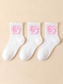 3 Pairs Kids Ribbed Crew Socks,Black And White Contrast Hosiery With Pink Number 67 For Back To School,Halloween, Casual Essentials For Students - Multicolor - View 13