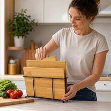 23x29cm Wood Bamboo Cutting Board Set With Iron Rack, Space-Saving Kitchen Chopping Blocks For Food Prep - 1PC - View 1