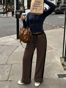 Women's Autumn Colorblock Patchwork Wide Leg Pants, Vacation Street Casual Long Pants, Back To School Autumn Outfit - Brown - View 4