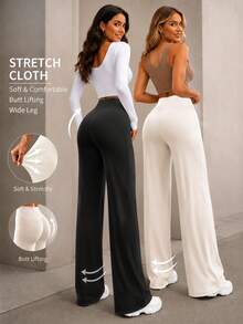 2pcs/Set Women's Straight Leg Pants, Elastic High Waist Casual Wide Leg Pants, Solid Color, Wide Waistband, Women's Outdoor Sports Bottoms, Suitable For Indoor/Outdoor/Commute Wear, Yoga Fitness Apparel - Multicolor - View 1