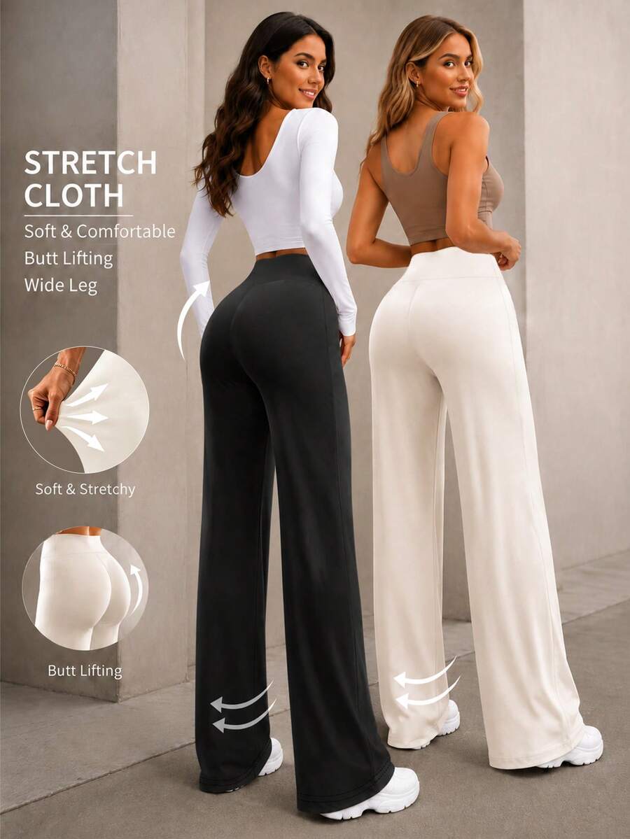 2pcs/Set Women's Straight Leg Pants, Elastic High Waist Casual Wide Leg Pants, Solid Color, Wide Waistband, Women's Outdoor Sports Bottoms, Suitable For Indoor/Outdoor/Commute Wear, Yoga Fitness Apparel - Multicolor - View 1