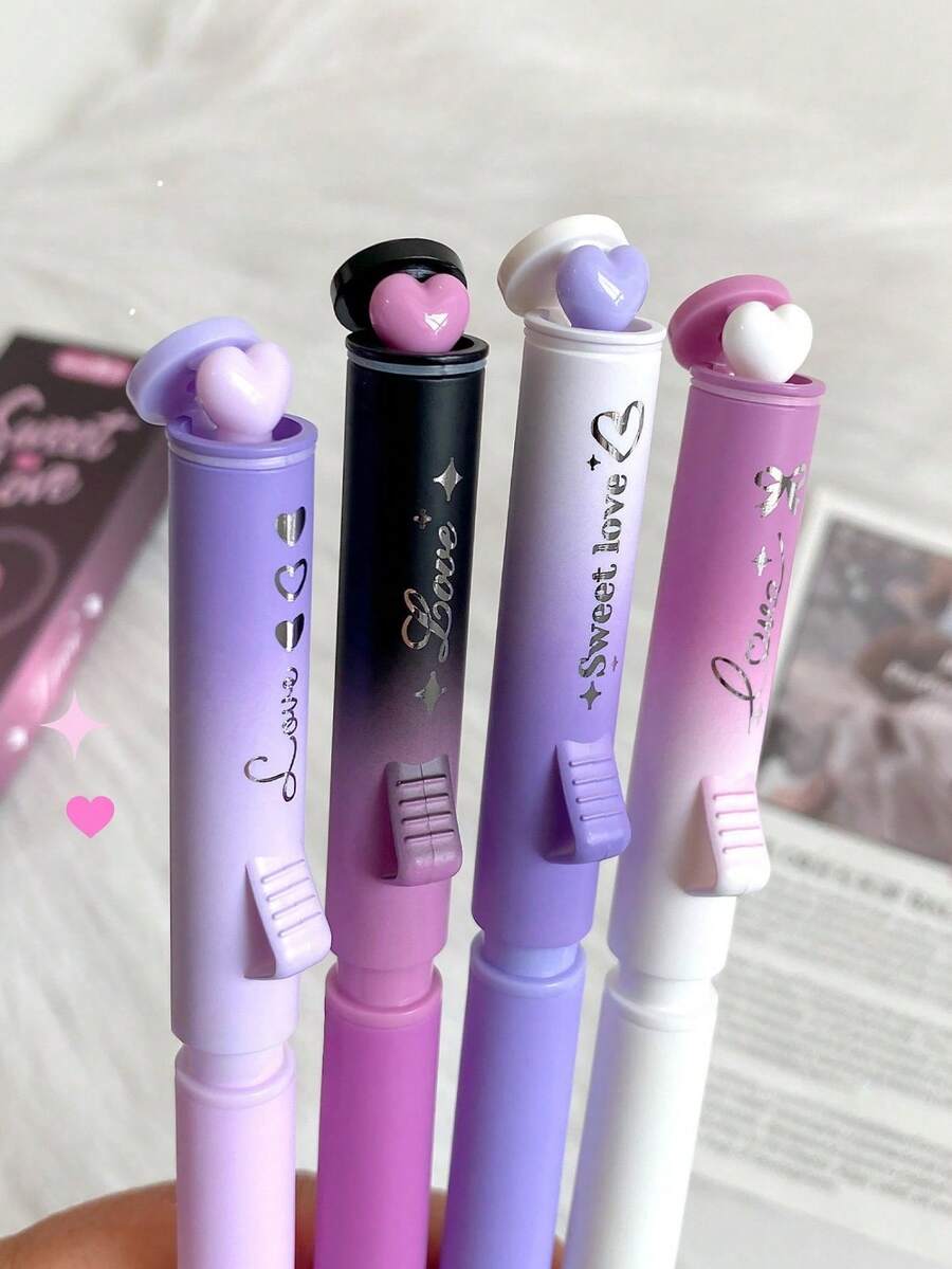 4pcs Gradient Color Retractable Gel Pens, Sweetheart Pens, Black Ink Pens, Suitable For Back To School Gifts, Note-Taking, Student Use - Multicolor - View 1