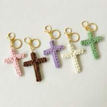 1/5/10pcs Woven Cross Christian Keychain, Unisex, Bohemian Style Jesus Cross Car Bag Pendant - Multicolor - View 5