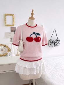 Ahlsen Nova Women Crew Neck Cherry Print Contrast Trim Short Sleeve Fuzzy Knit Cropped Pullover - Baby Pink - View 4