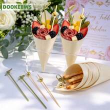75pcs Disposable Wooden Food Cones With Bamboo Skewers (25pcs Food Cones + 25pcs Bamboo Skewers + 25pcs Artificial Gold Bead Bamboo Skewers), Exquisite Party Supplies, Used For Holding And Displaying Cold Meat And Cheese Platters, Snacks, Appetizers, Fruit Desserts, Perfect For Weddings, Bridal Shower / Hen Party, Birthday Parties, Outdoor Banquets - Multicolor - View 5