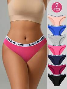 7pcs/Pack Contrast Color Pure Cotton LOVE Webbing Women's Panties, Sporty Casual Triangle Briefs, Soft & Comfortable Bodycon Women's Underwear - Multicolor - View 3