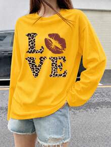 Women's Street Casual Long Sleeve Top, Leopard Print Letter & Lip Pattern, Yellow T-Shirt - Yellow - View 5
