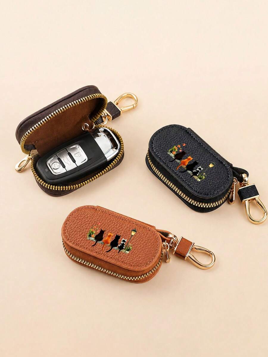 4 Cats Sitting Side By Side In A Black Cat Key Pouch, With Lychee Pattern PU Leather Zipper And Multi-Function Car Key Storage, Suitable For Men And Women Portable Coin Wallet Accessory - Multicolor - View 1