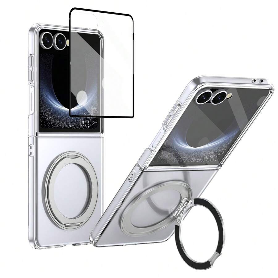 VIETAO 360 Degree Rotating Invisible Stand Transparent Material Cell Phone Case Compatible With Samsung Galaxy Z Flip 8 7 6 5 Mobile Cover With Tempered Glass Screen Protector - Silver - View 1