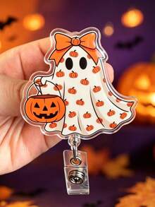 2D Flat Halloween Pumpkin Ghost ID Badge Holder - Retractable Badge Clip, Suitable For Medical Students And Registered Nurses - PMMA Material Workplace Identification Badge Holder | Fun Design | Acrylic Nurse Accessories Back To School, Team Gifts - Halloween - View 4