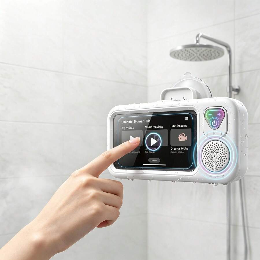 防水シャワー用スマホホルダー（ワイヤレスBluetoothスピーカー内蔵、強力マグネット式留め具、高感度タッチスクリーン、360°サラウンドサウンド）、バスルーム用スマホケース、シャワーや洗顔に最適 - ホワイト - チェックする 1