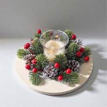 1/2pcs Christmas Decor Ornaments, Artificial Pine Branch Wreath, Desktop Candle Holder, Scented Candle Set, Amber Glass Jar Candle, Wooden Base Candle Holder, Pine Cone Decor, Frosted Pine Cone, Red Berry Decor, Christmas Wreath, Wall Hanging Wreath, Door Hanging Decor, Holiday Tabletop Decor, Living Room Decor, Dining Table Centerpiece, Entryway Decor - C - View 6