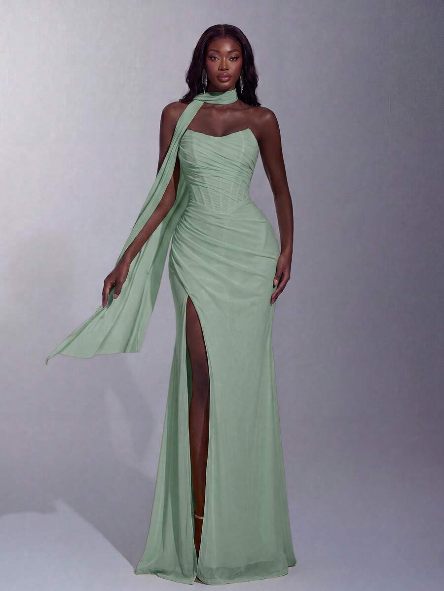 Elegant Heart-Shaped Neckline Ruched Bustier Maxi Dress, High Slit Fitted Mermaid Silhouette Wedding - Mint Green - View 1