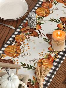 1pc Autumn Table Runner Home Party Decor, Buffalo Plaid Pumpkin Mushroom Birdhouse Leaf Pattern, Seasonal Kitchen Dining Table Decoration - Black and White - View 3