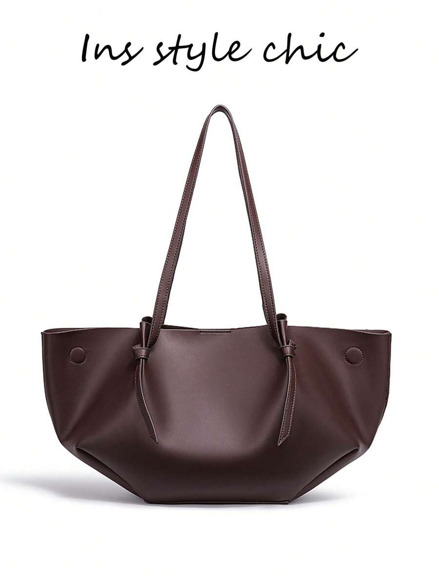 Solid Color Magnetic Closure Large Capacity Tote Bag, Portable Handheld Shoulder Tote Bag, Suitable For Students, Young Professionals For Daily Commute, Outings, Dates And Short Trips - Coffee - View 1
