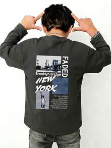 Tween Boy Graphic Print Crew Neck Long Sleeve T-Shirt, Autumn/Winter Top - Dark Grey - View 3
