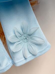 Girls Early Autumn Light Blue Waffle Knit Top With 3D Mesh Flower Decor, Round Neck Long Sleeve, Matching Loose Flared Pants, Suitable For Daily, Outdoor, School, Commute, Vacation, Fresh And Gentle Style - Baby Blue - View 5
