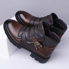 Men's British Retro Work Boots - Short Ankle Zipper Closure, Round Toe & Chunky Sole For All-Season Casual Wear - Brown - View 4