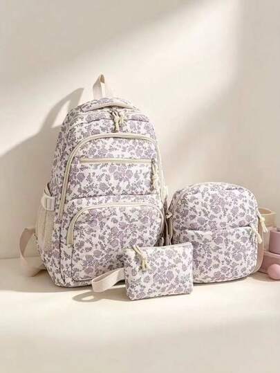 3pcs Purple Nylon Casual Fresh Style Rhombus Quilted Ditsy Floral Full Print Large Capacity Foldable Zipper Closure With Crossbody Strap Handheld