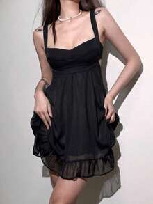 Top Dazzle Loose Fit Off Shoulder Mesh Slip Dress - Black - View 5