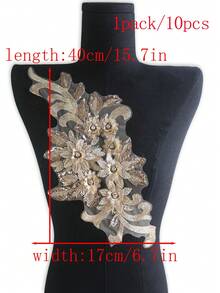 XDH2490 3D刺繡貼花配珠飾，婚紗配件，網紗蕾絲DIY表演服裝刺繡補丁/長度:39CM/寬度:16CM - 咖色 - 查看 6