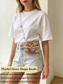 Mini Heart Shape Beaded Square Bag For Women Shoulder Crossbody Bag Cute Open Mouth Handbag Summer Mini Purse Beach Bag Birthday Gift Travel Essential - 彩色 - 查看 3