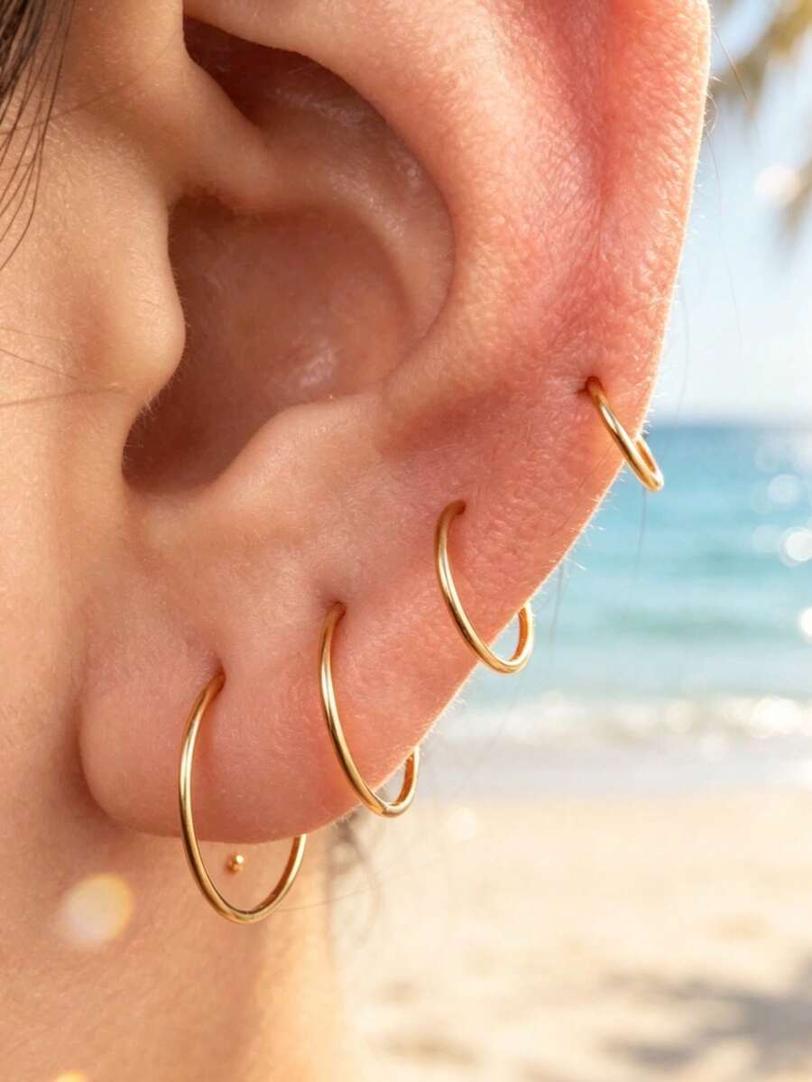 1pc Minimalist Fashion Versatile Stainless Steel Gold-Tone Round Hoop Earring - Yellow Gold - View 1