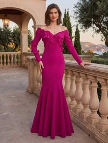 Elegant Magenta Satin Off-Shoulder Long Sleeve Mermaid Fitted Maxi Dress – Formal Wedding Party For Women - Green - View 2