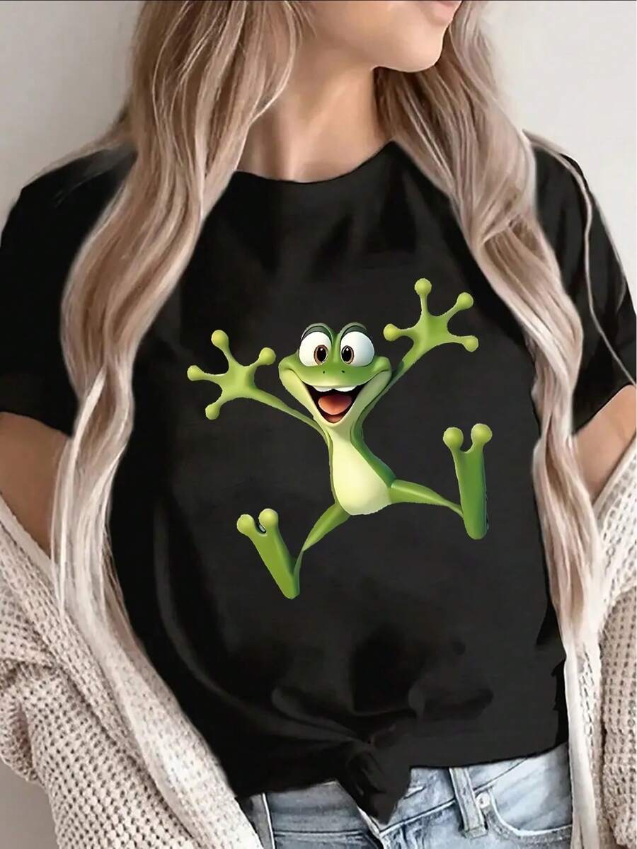 Short-Sleeved, Lightweight And Durable, Plus-Size T-Shirt With A Fun Frog Design, It's Perfect For Relaxing At Home Or Going Out To Eat, Offering - 黑色 - 查看 1