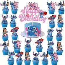 Stitch Angel Lilo & Stitch 生日派對裝飾套組 橫幅背景布 懸掛螺旋裝飾 蛋糕插牌 桌布 兒童生日用品 - 彩色 - 查看 11