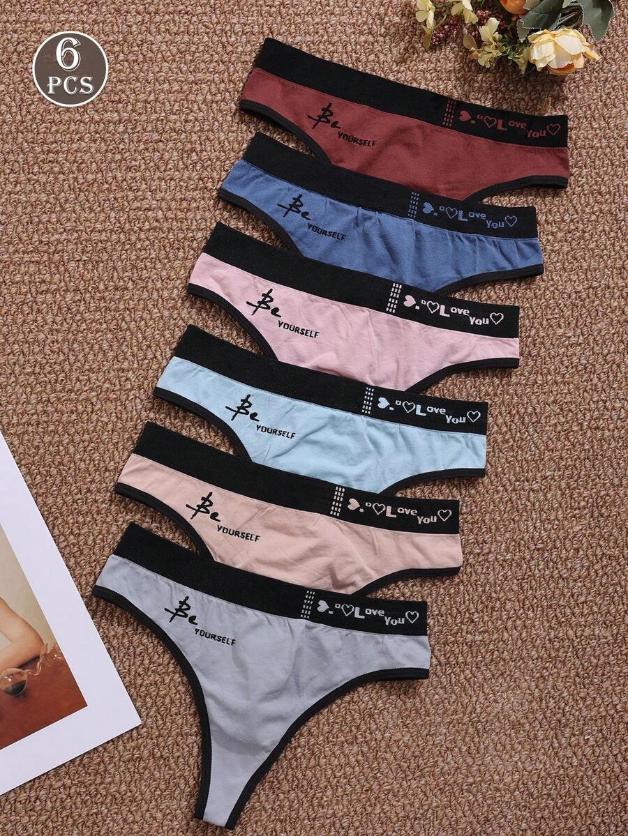 Women's 6pcs Seamless Letter Print Comfortable Thong Panties - Multicolor - View 1