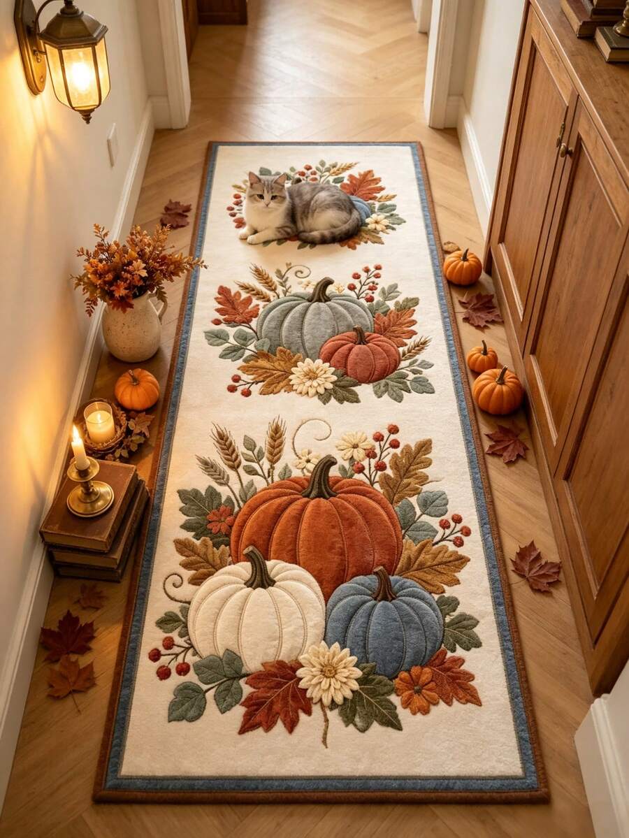 1 pieza Alfombra de pasillo con diseño de calabaza a bloques de color, alfombra larga para pasillo, alfombra de área, decoración del hogar, alfombra para sala de estar, decoración de habitación, alfombra lavable, regalo de Halloween - Calabaza con borde de color contrastante - Ver 1