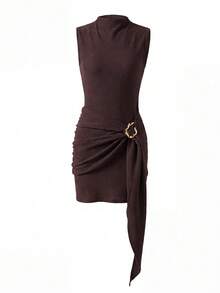 Women's Brown Pleated Waist Mini Dress | Sleeveless Fitted Buckle Design - Brown - View 6