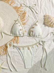 Bikinx Solid Color Patchwork Webbing Triangle Cup Tie Women's Swimwear Set Vacation Beach - Beige - View 1