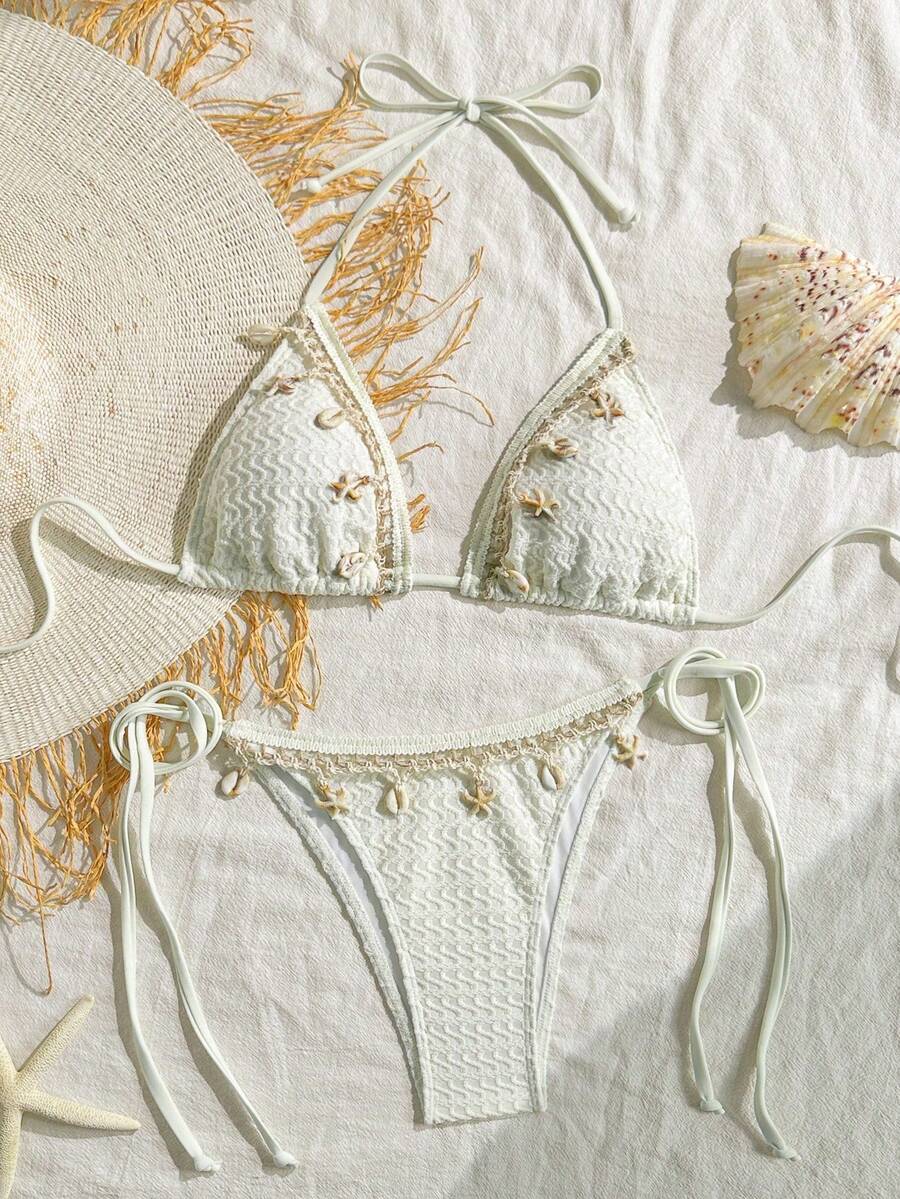 Bikinx Solid Color Patchwork Webbing Triangle Cup Tie Women's Swimwear Set Vacation Beach - Beige - View 1