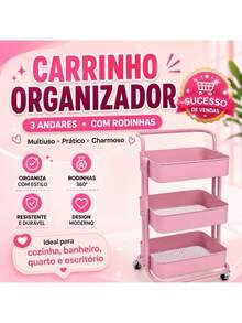 Maxime Carrinho Organizador Multiuso 3 Prateleiras Rosa Fofo em Aço Carbono com Rodízios e Alça para Sala Banheiro Quarto e Escritório 34x83x43cm Capacidade 10kg - Multicolorido - Visão 6