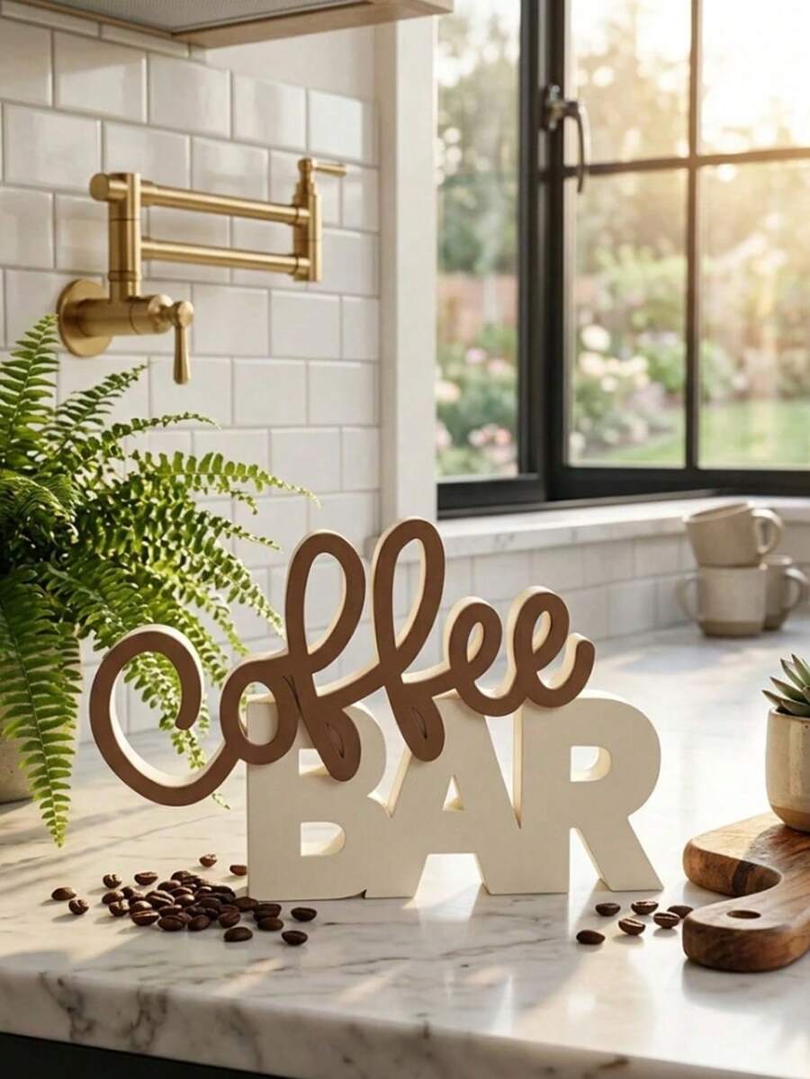 1pc Wooden Coffee Bar Decor, Coffee Station Countertop Decoration, Tiered Tray & Desktop Decor, Suitable For Coffee Shop, Coffee Table Decoration, Birthday Gift - Multicolor - View 1