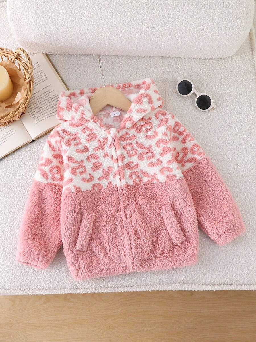 Jaket Fleece Motif Leopard Pink untuk Anak Perempuan, Mantel Plush Berkerudung dengan Resleting dan Detail Pita - Coral Pink - View 1