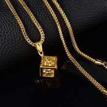 Classic Stainless Steel 18K Gold-Plated Three-Dimensional Block Pendant Cuban Chain Necklace, Suitable Both Men Women, Suitable For Daily Party Wear - Gold - View 2
