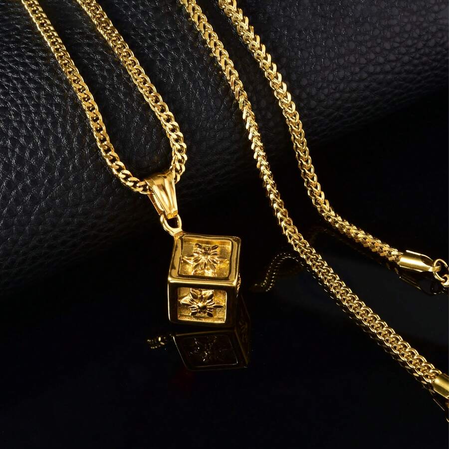 Classic Stainless Steel 18K Gold-Plated Three-Dimensional Block Pendant Cuban Chain Necklace, Suitable Both Men Women, Suitable For Daily Party Wear - Gold - View 1