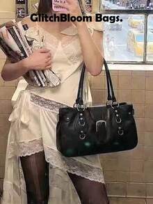 Y2K 龐克風大容量單肩包，鉚釘與扣飾裝飾人造皮革手提包，哥德街頭風托特包女款（不含配件或貼紙） - 黑色 - 查看 7