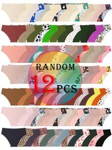 SQPVEH 12pcs Random Color Women's Triangle Panties, Solid & Multi-Color Print, Wavy Edge, Comfortable Skin-Friendly Fabric, Seamless Underwear - Multicolor - View 4
