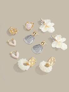 Altistry 10pcs/5 Pairs Sweet & Gentle Rhinestone Flower Petal Faux Pearl Teardrop Heart Stud Earrings, Fashionable Versatile Earring - Gold-white (5 Pairs) - View 4