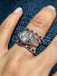 4pcs Chic Bridal Ring Set Women Round Blue Zirconia Engagement Ring Stackable Wedding Silver Color Stacking Ring Wedding Party Jewelry Accessories Gift - Set - View 6