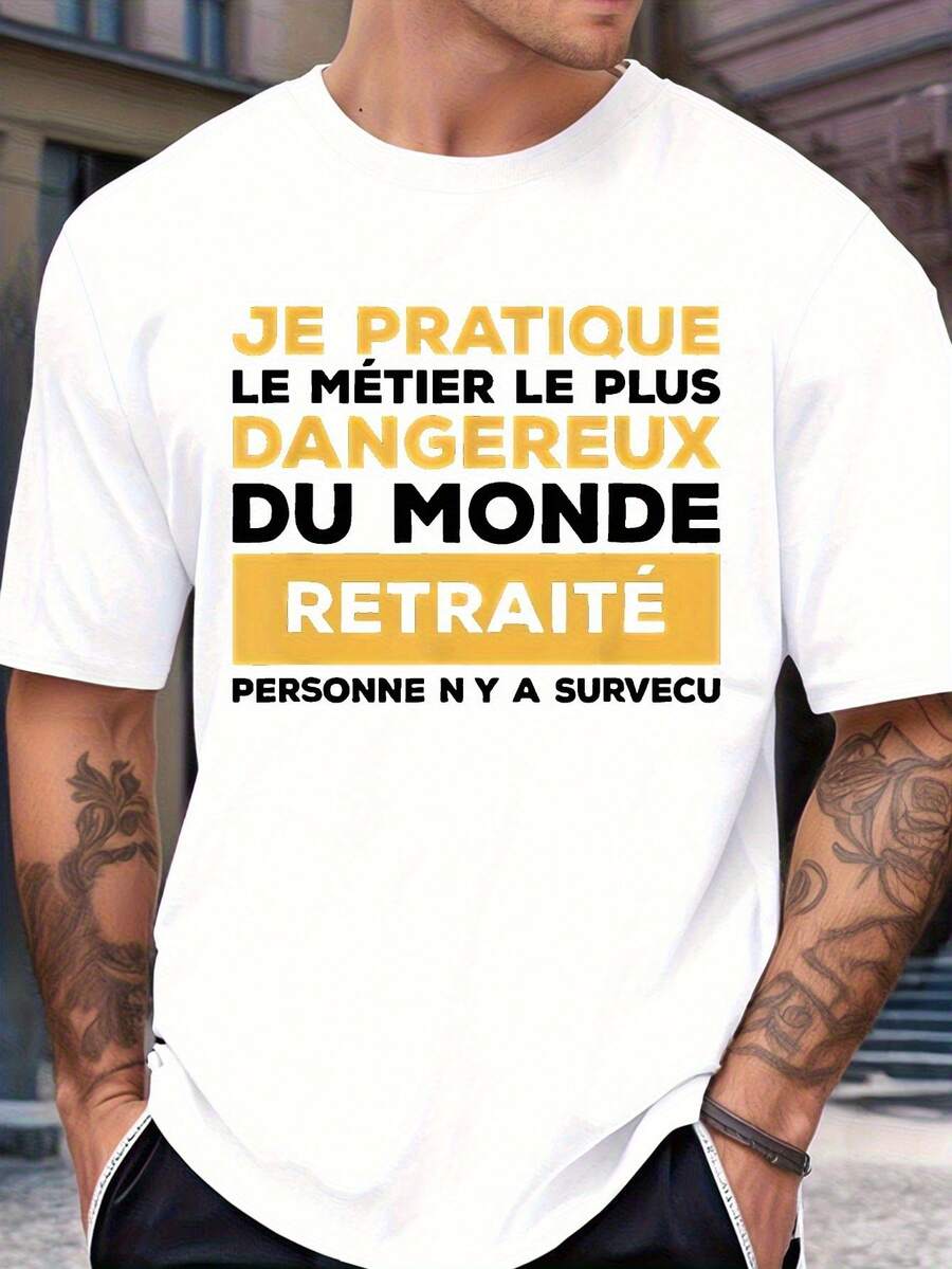 Camiseta Divertida para Hombre con Lema en Francés - "Practico el oficio más peligroso del mundo, jubilado" - Estampado en francés - Camiseta de algodón negra con humor francés, cuello redon - Blanco - Ver 1